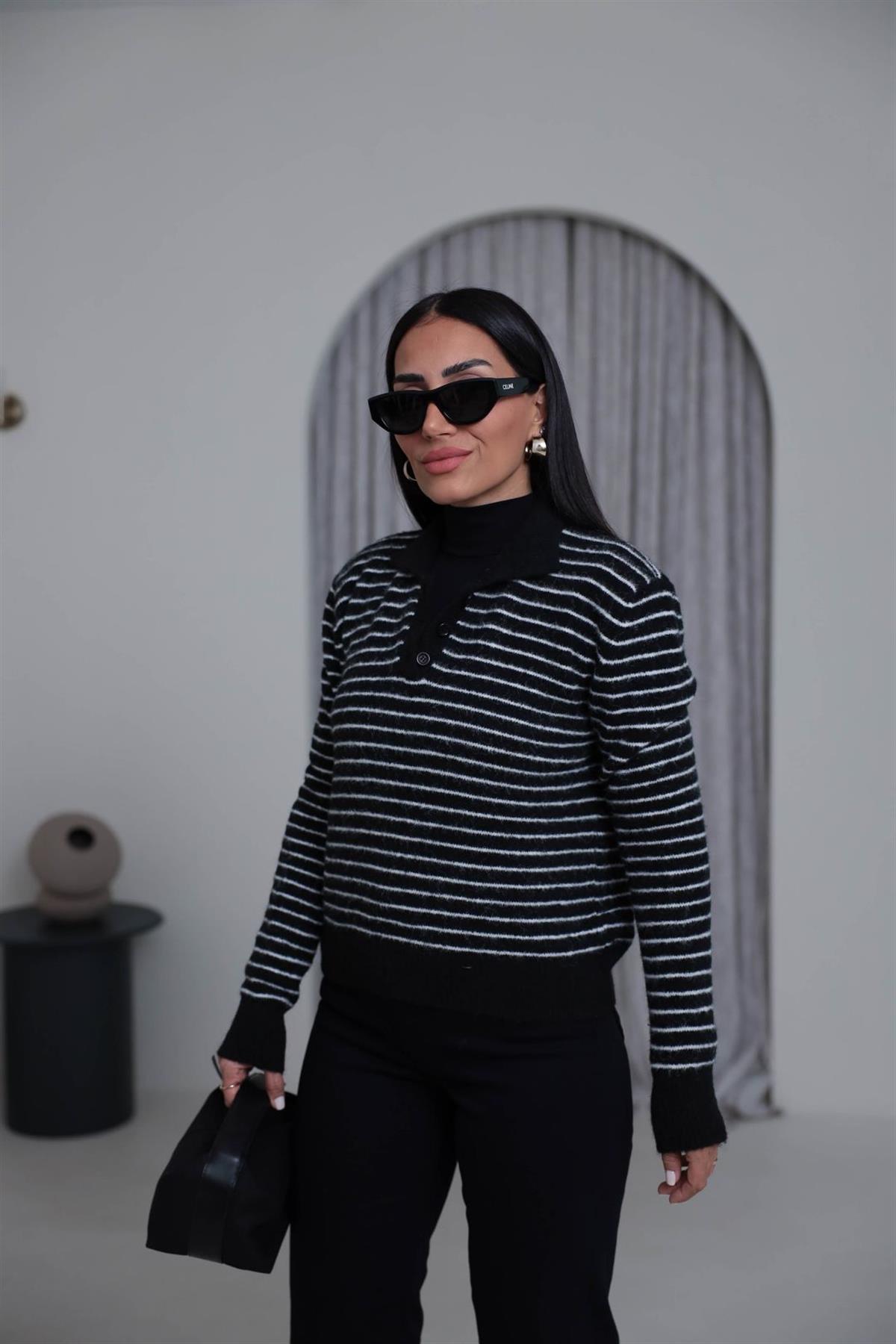 4968 Polo Yaka Yarım Düğmeli Çizgili Kazak SİYAH