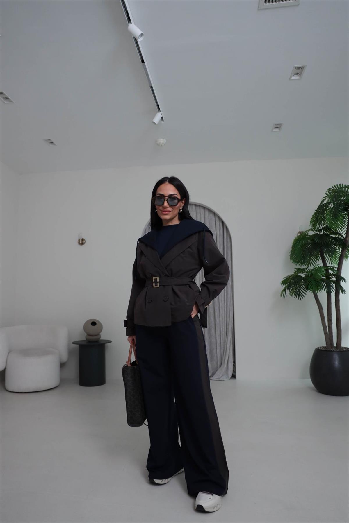 6984 Çıkarılabilir Kapşonlu Trençli Eşofman Takımı ACI KAHVE