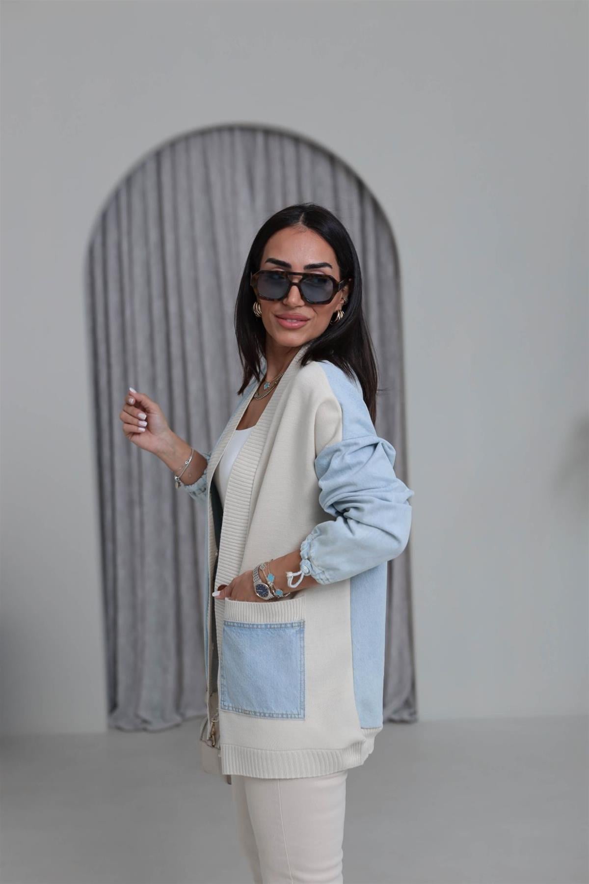 1085 Kot Garnili Cep Detaylı Hırka KREM