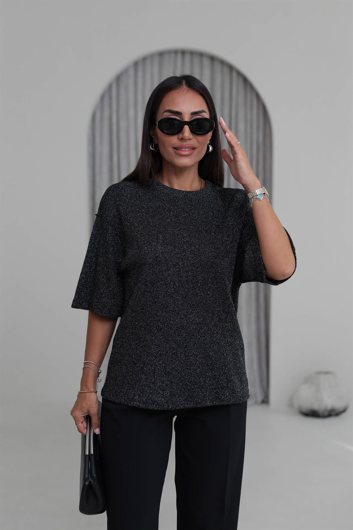 1165 Simli Bisiklet Yaka Triko Bluz SİYAH