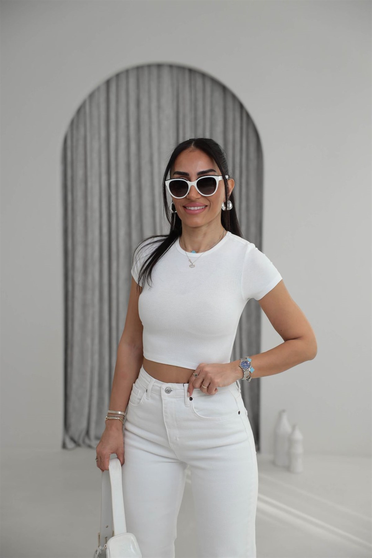 1104 Modal Crop Tshirt BEYAZ