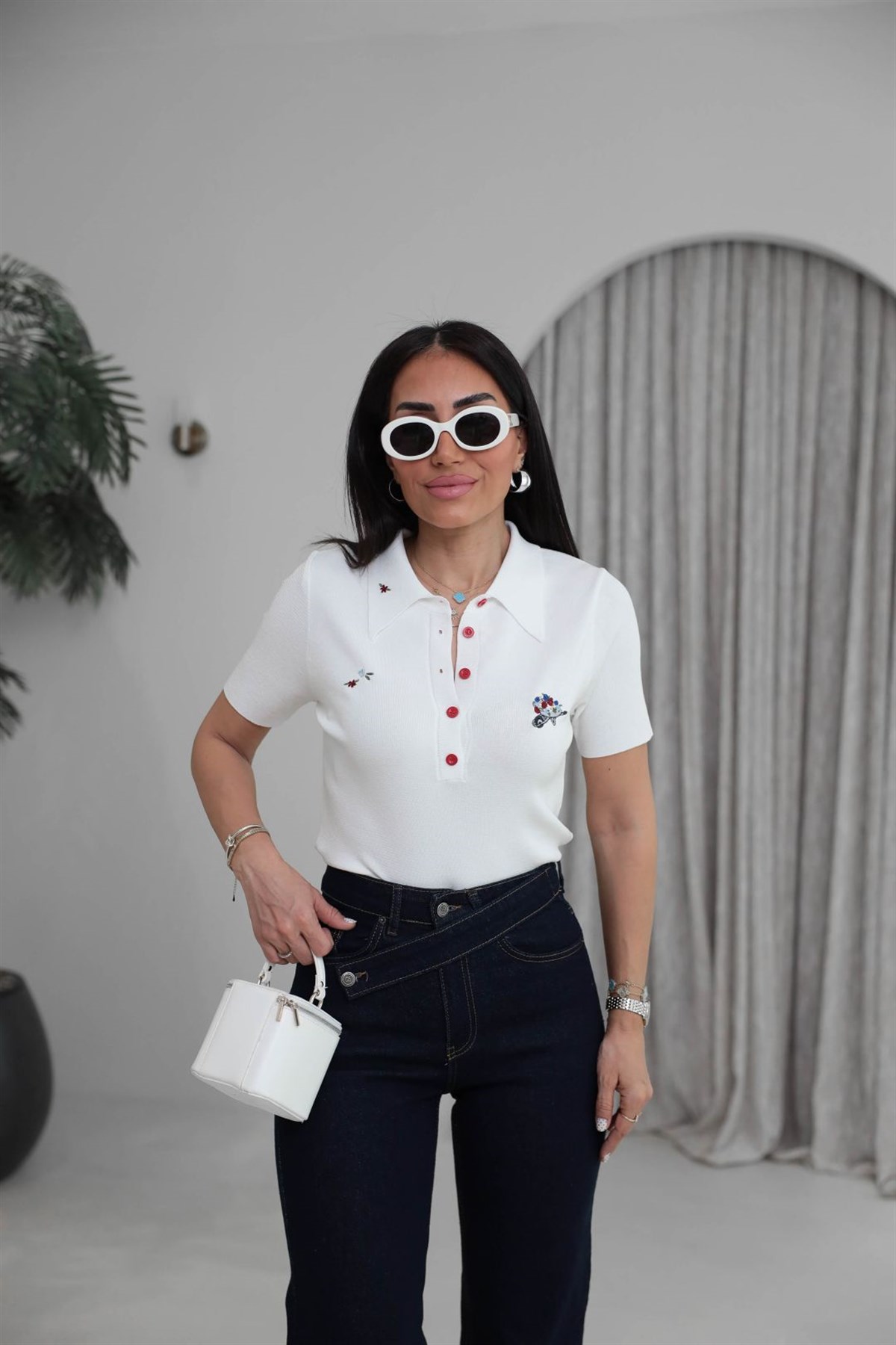 0615 Çiçek Nakış Detay Polo Yaka Kısa Kol Triko EKRU