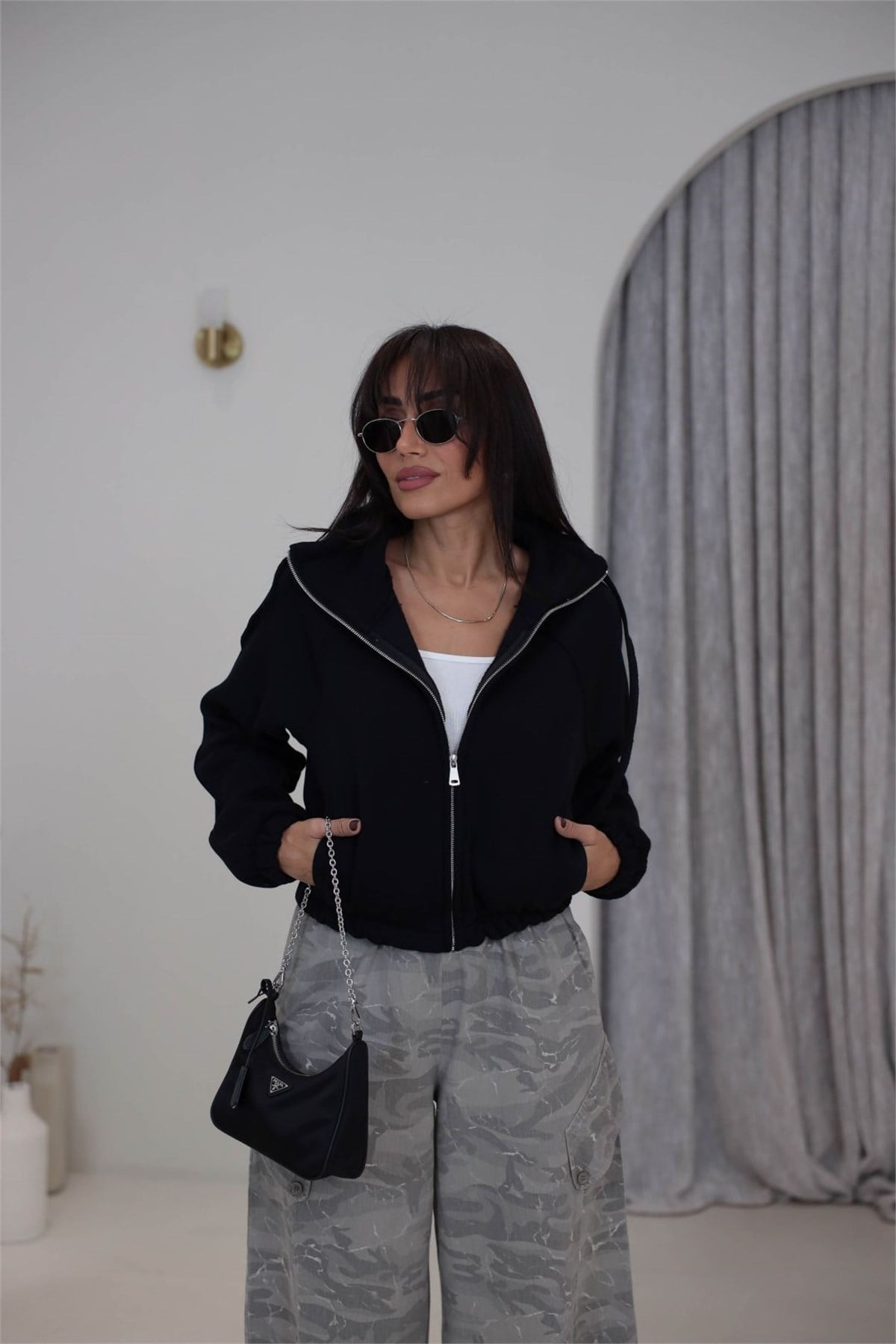 2421 Dik Yaka Fermuarlı Reglan Kol 3 İplik Sweatshirt SİYAH
