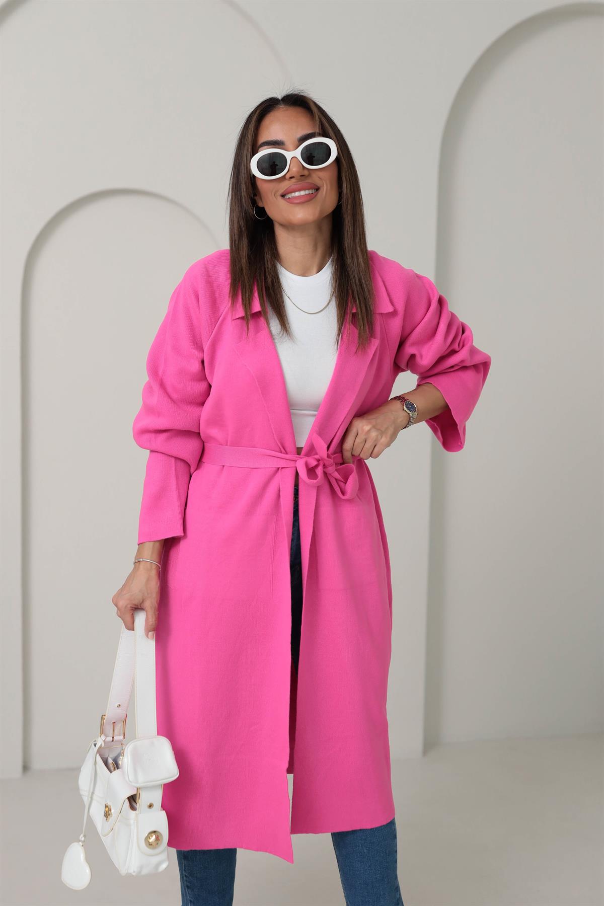 4064 Polo Yaka Triko Kemer Detaylı Hırka FUŞYA