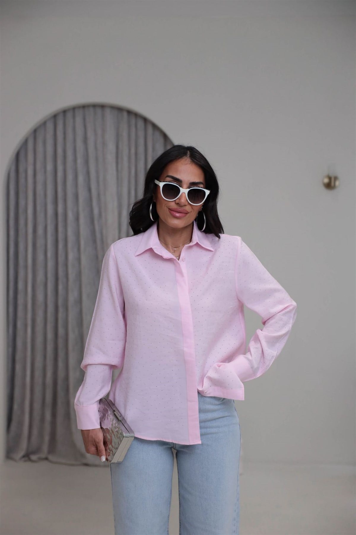 7335 Tencel Kumaş Taşlı Gömlek PEMBE