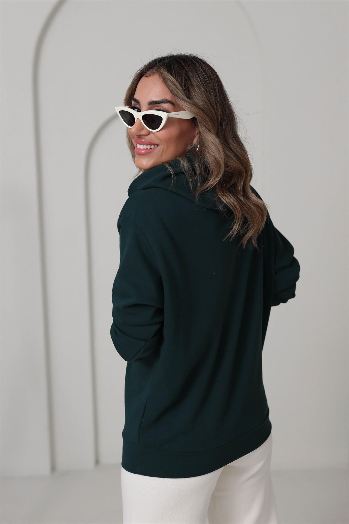 Beverly Nakışlı Şardonlu Kapşonlu Sweatshirt KOYU YEŞİL