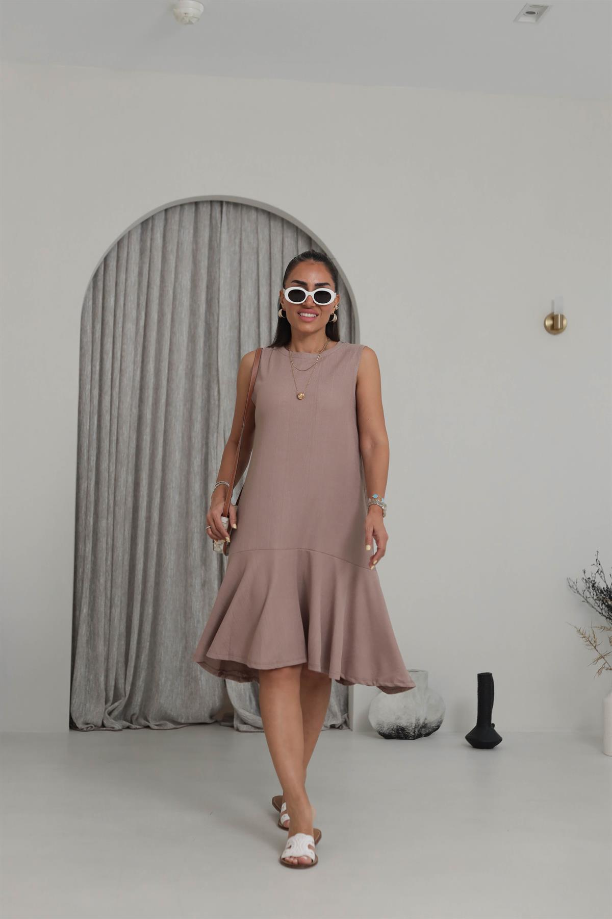 A9901 Eteği Volanlı Kolsuz Elbise BEJ