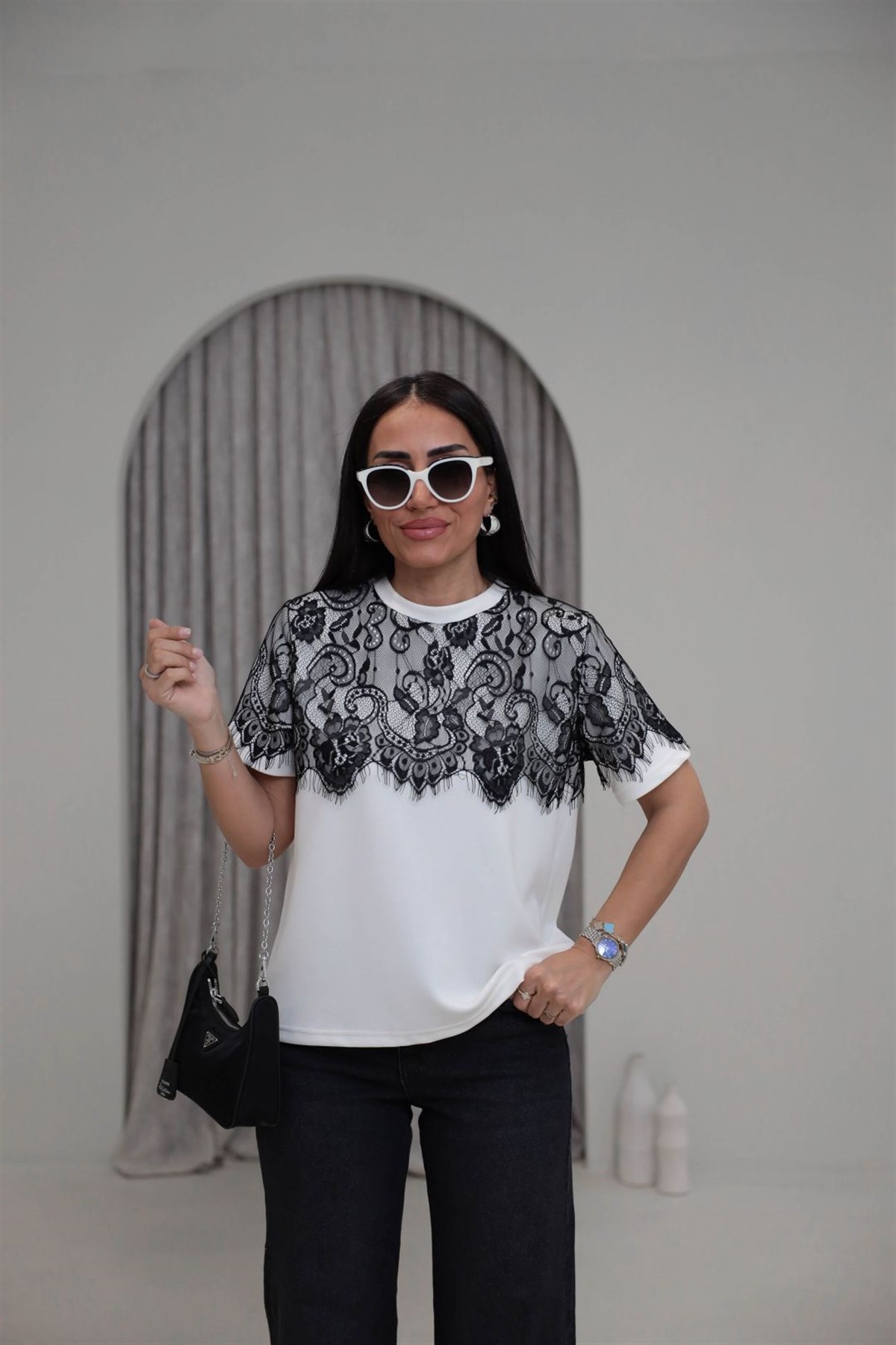 1822 Dantel Garnili Bisiklet Yaka Modal Tshirt EKRU