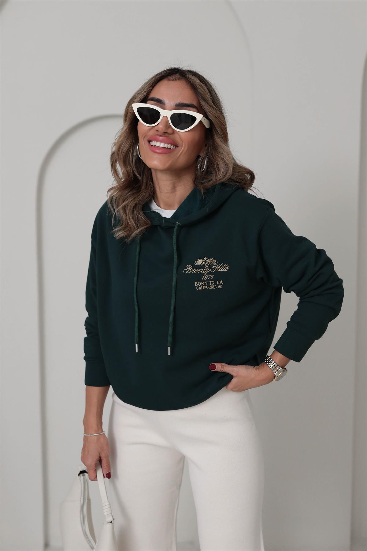 Beverly Nakışlı Şardonlu Kapşonlu Sweatshirt KOYU YEŞİL