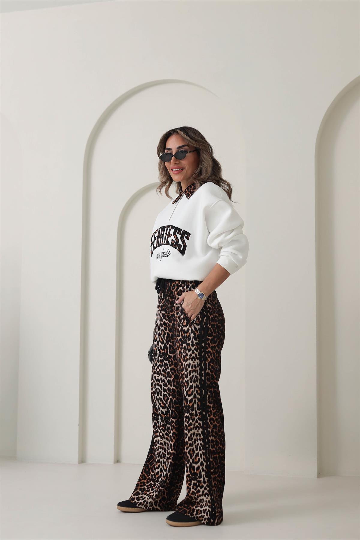 Leopar Desen Yanları Şeritli Eşofman Altı LEOPAR