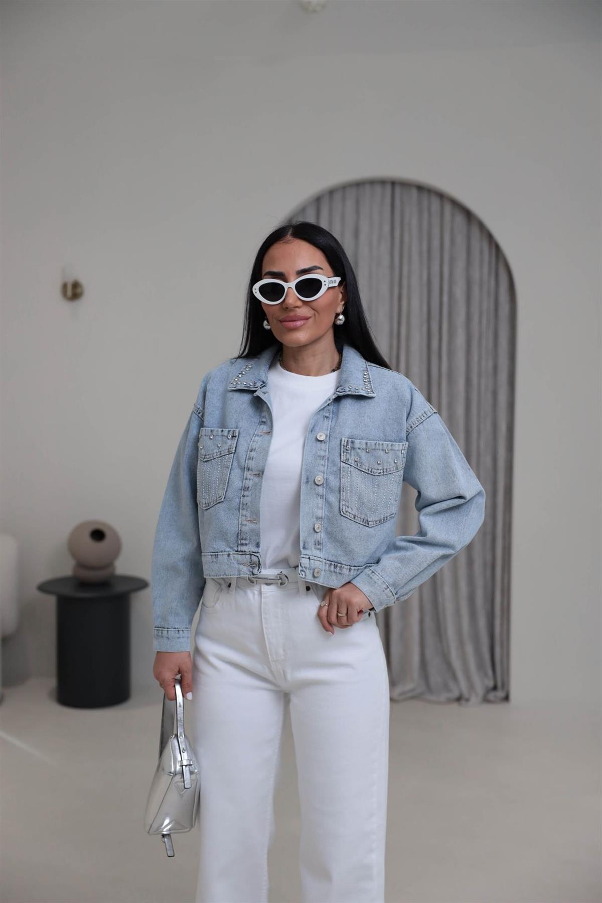 3640 Yaka Ve Cep Taşlı Denim Ceket BUZ MAVİ