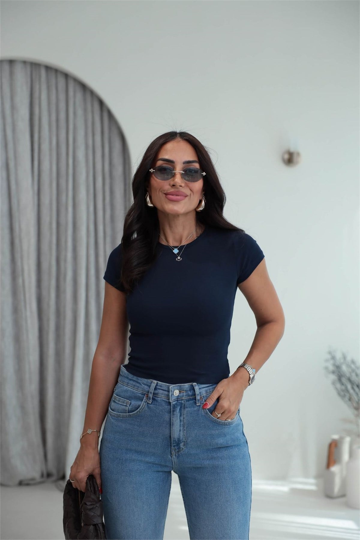 4173 Bisiklet Yaka Pamuklu Crop LACİVERT