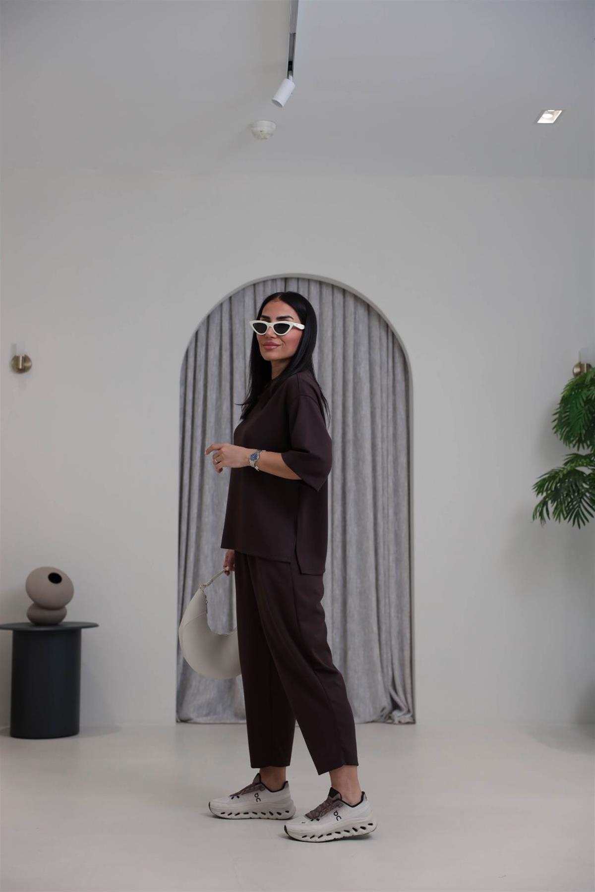 2485 Yanları Yırtmaçlı Kısa Kol Modal Takım ACI KAHVE