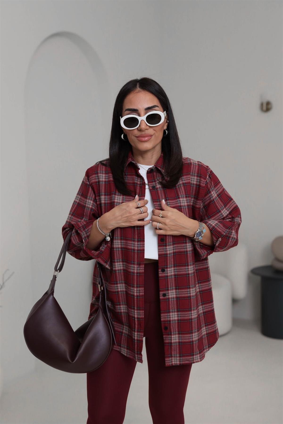 6835 Oversize Kareli Oduncu Gömlek BORDO
