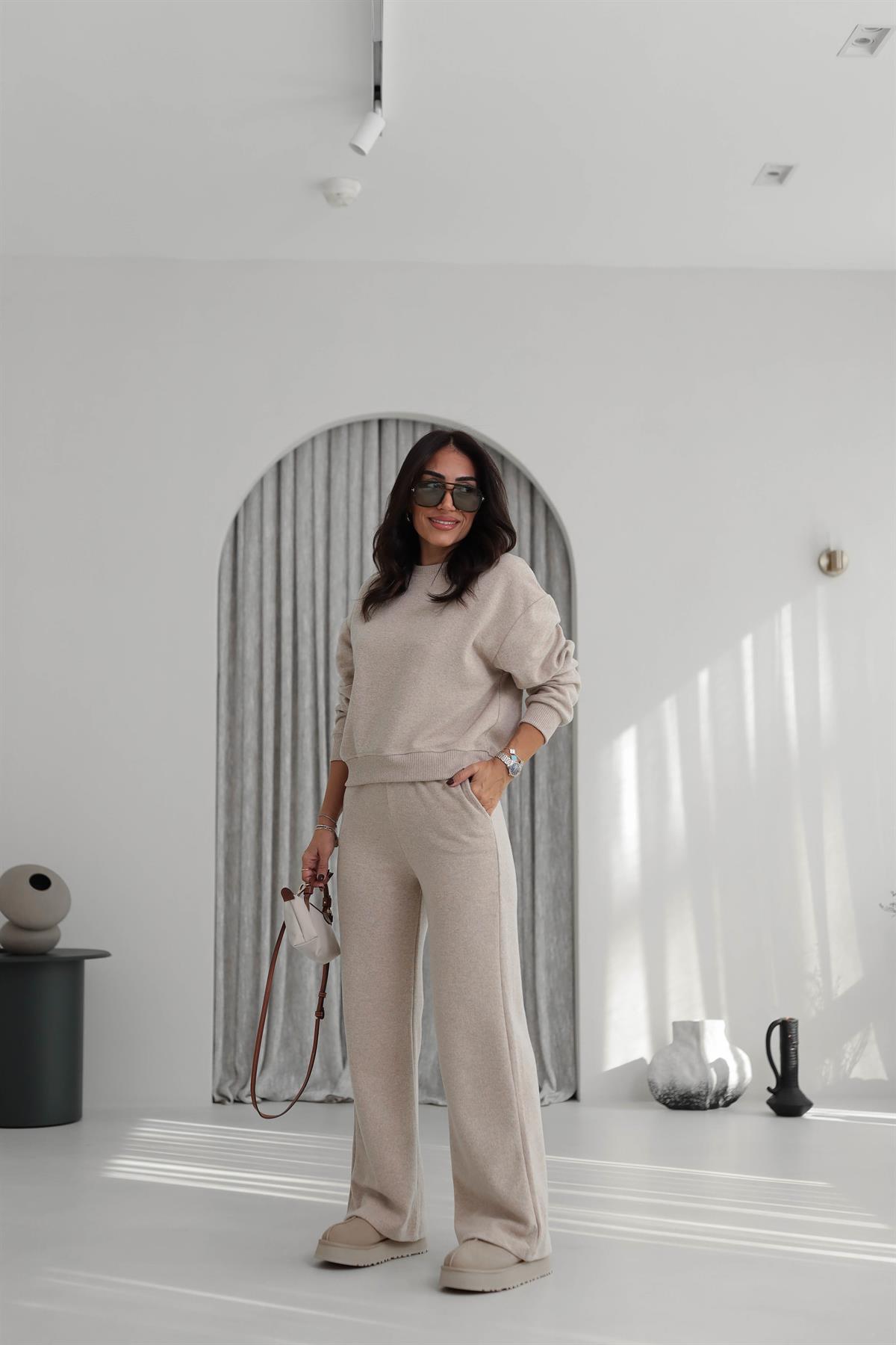 5231 Bisiklet Yaka Ribanalı Selanik Kumaş Takım BEJ