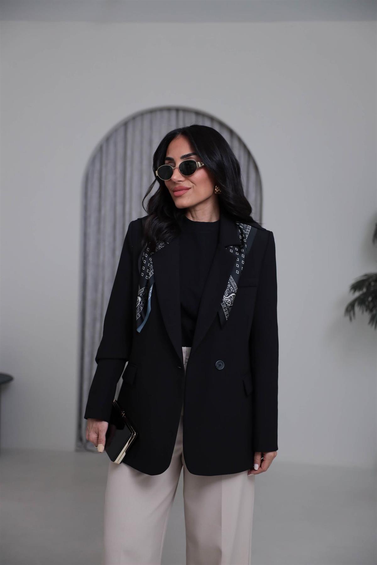 7665 Fular Detaylı Blazer Ceket SİYAH