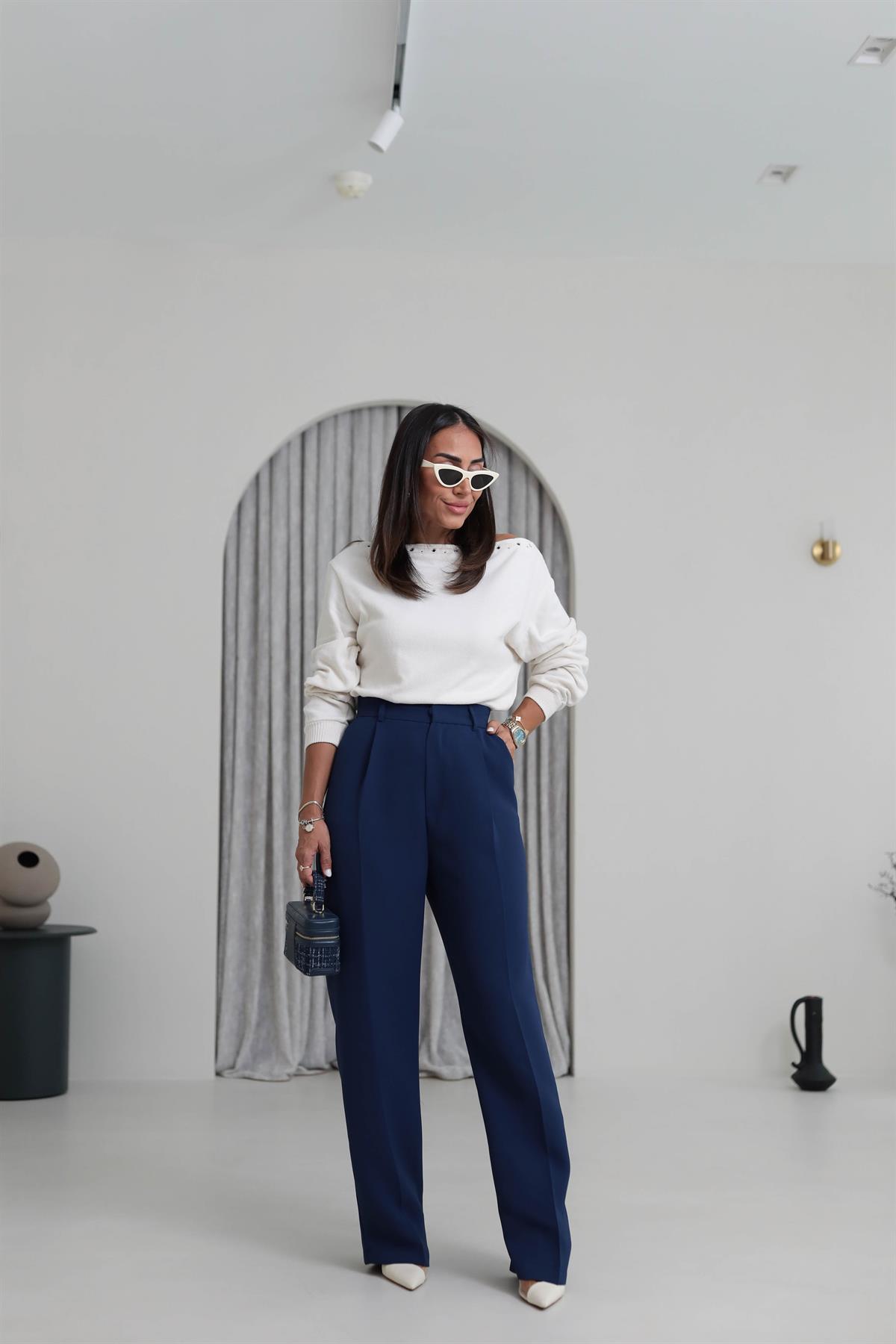 1024 Pile Detaylı Kumaş Pantolon Indigo