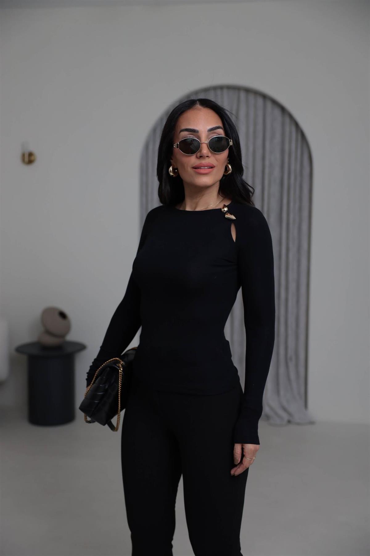 1063 Gold Aksesuarlı Modal Bluz SİYAH