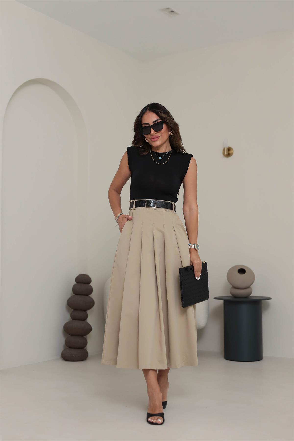 6340 Vatkalı Kemerli Kontast Elbise SİYAH-BEJ