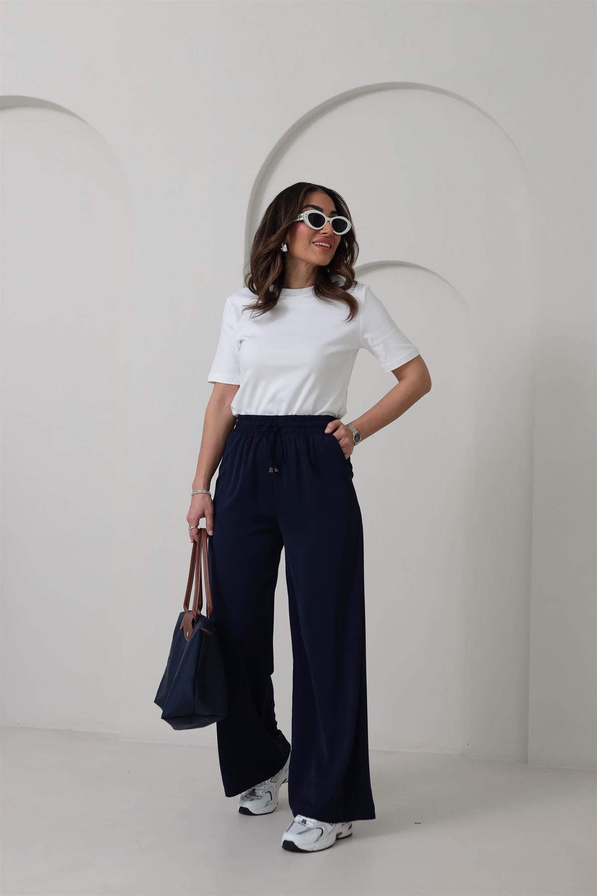 0858 Bel Lastikli Döküm Palazzo Pantolon LACİVERT
