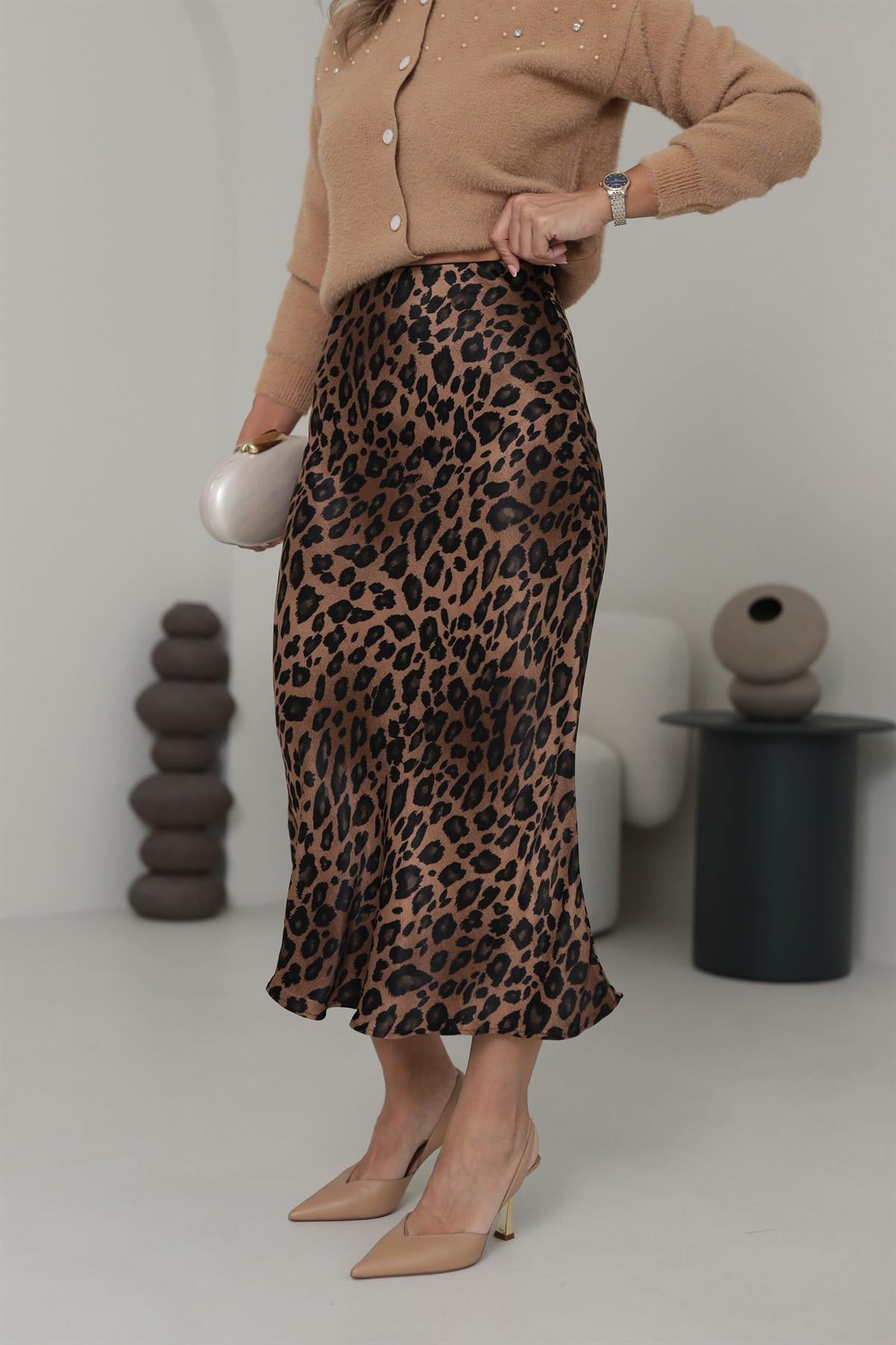 6575 Leopar Desen Verev İpek Saten Etek KAHVE