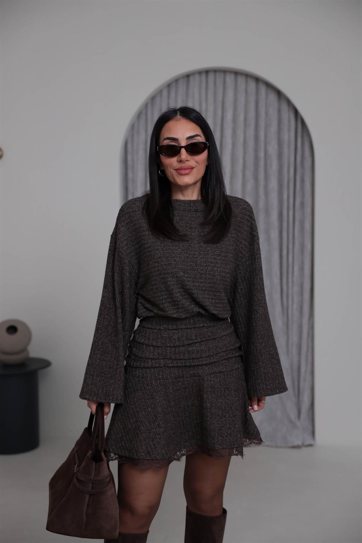 5527 Bel Drapeli Etek Ucu Dantelli Elbise KAHVE