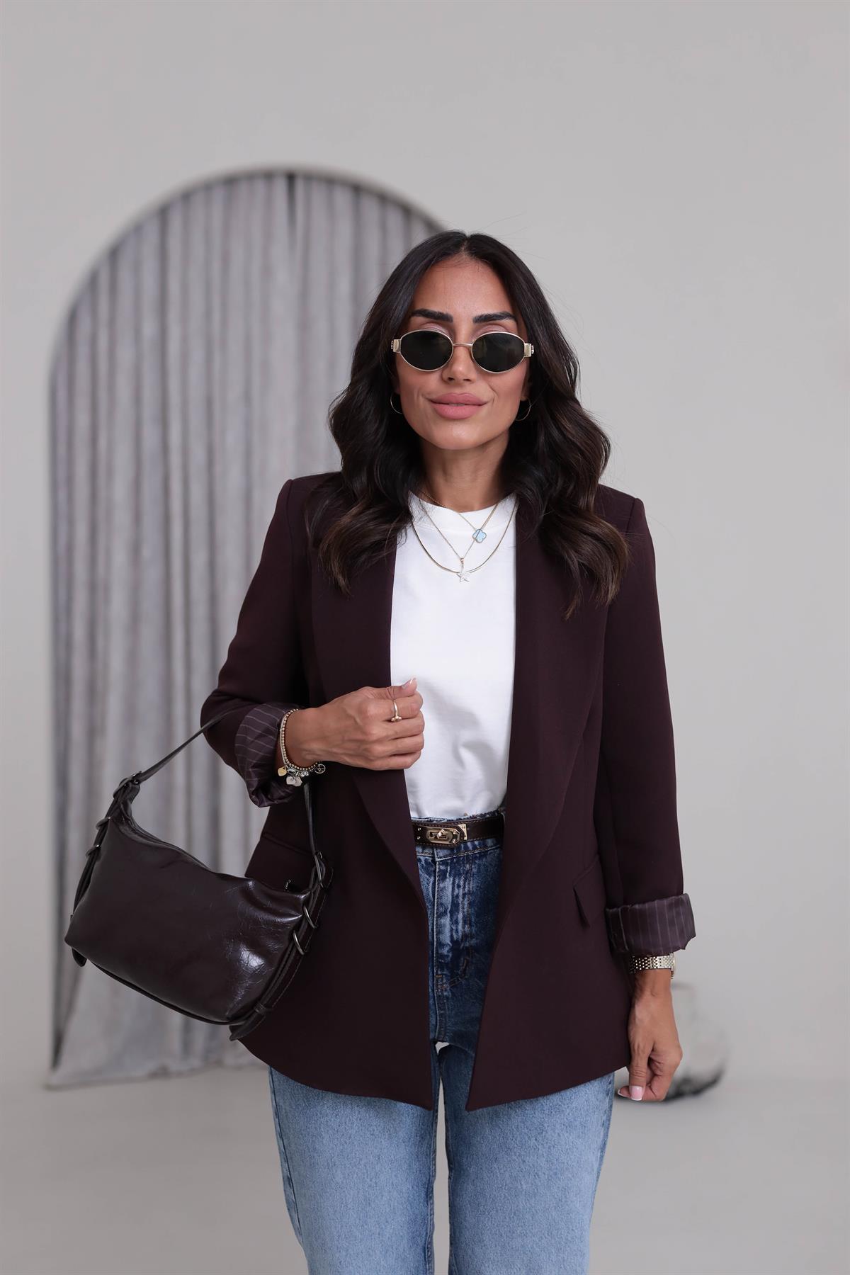 7560 Kol Katlamalı Cep Detaylı Astarlı Ceket MÜRDÜM