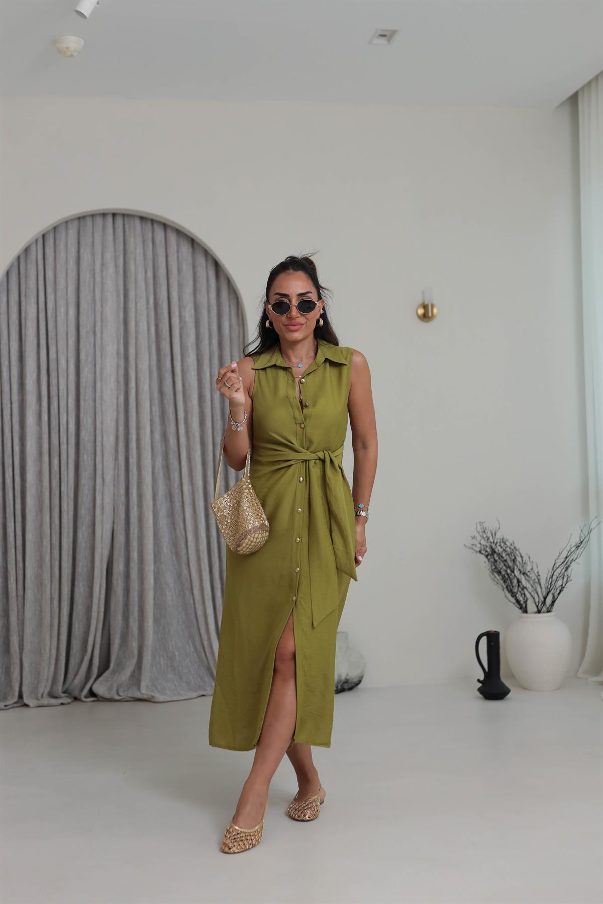 3789 Bel Bağlama Detay Gömlek Yaka Elbise OLİVE