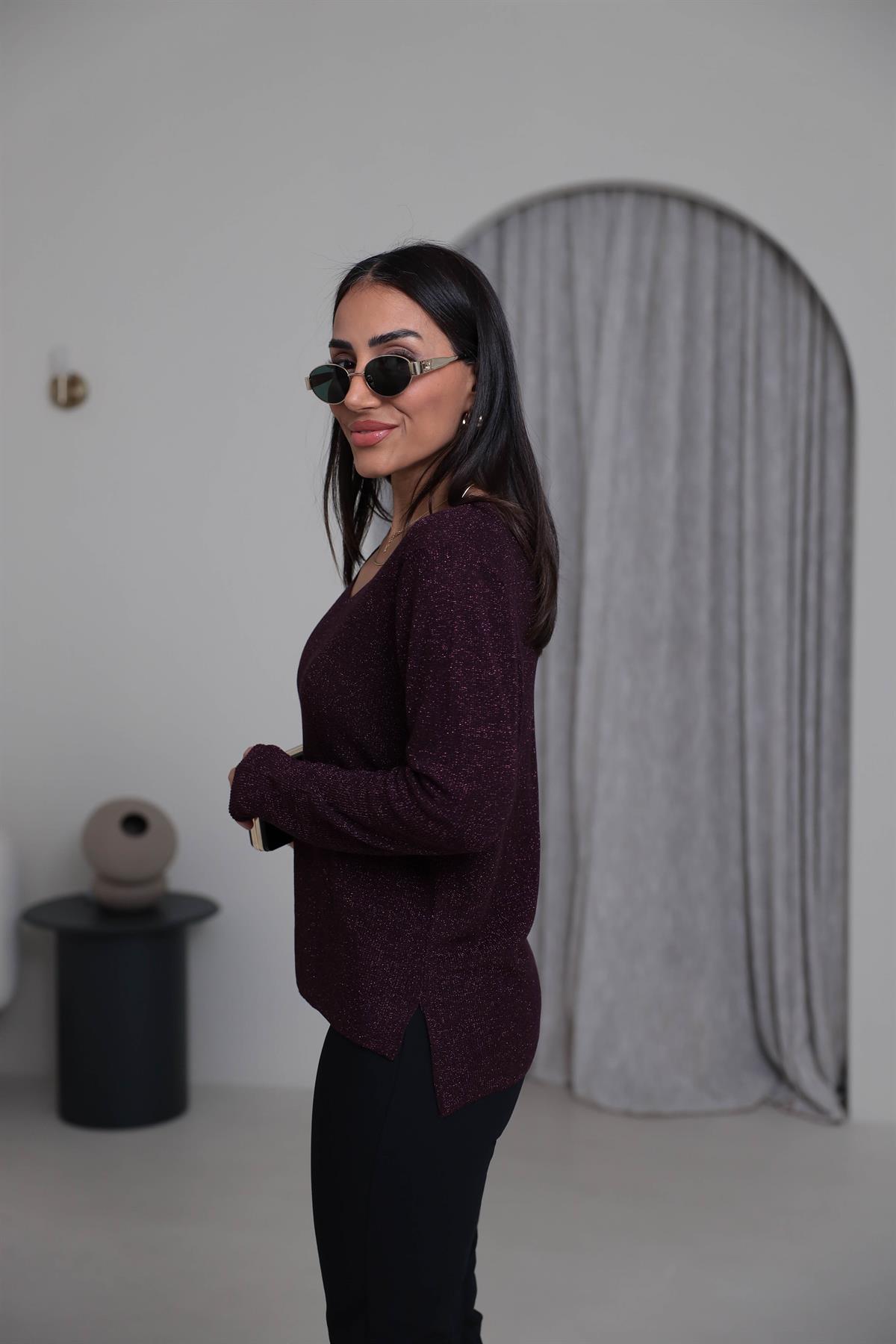 152 V Yaka Simli Viskon Triko Bluz MÜRDÜM