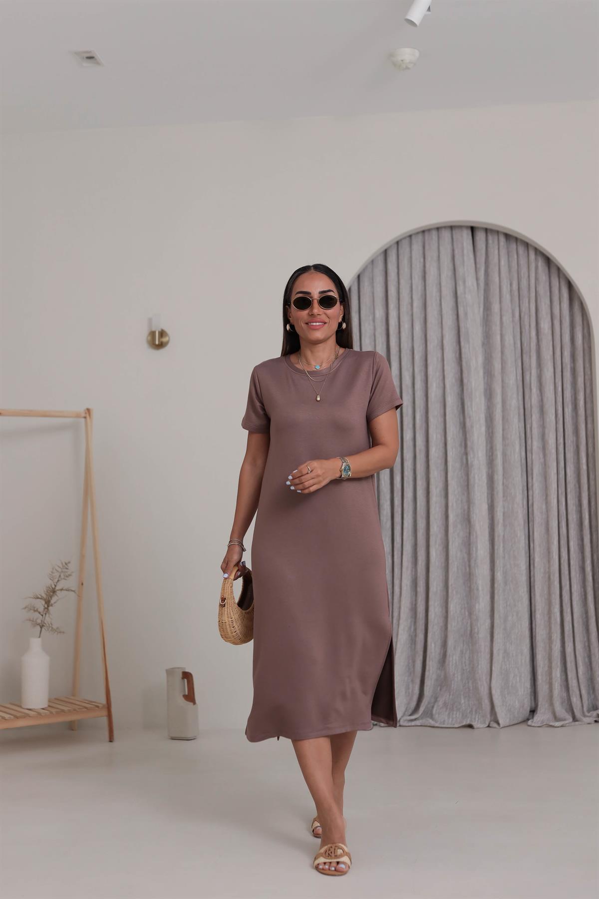 4512 Kısa Kollu Yırtmaçlı Elbise KAHVE