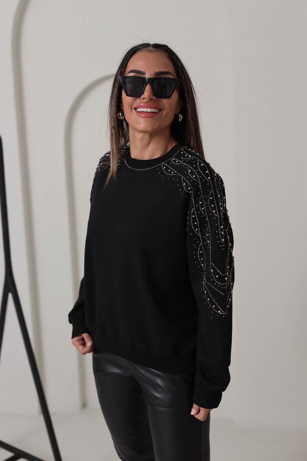 5305 Kolları Taş İşlemeli Sweatshirt