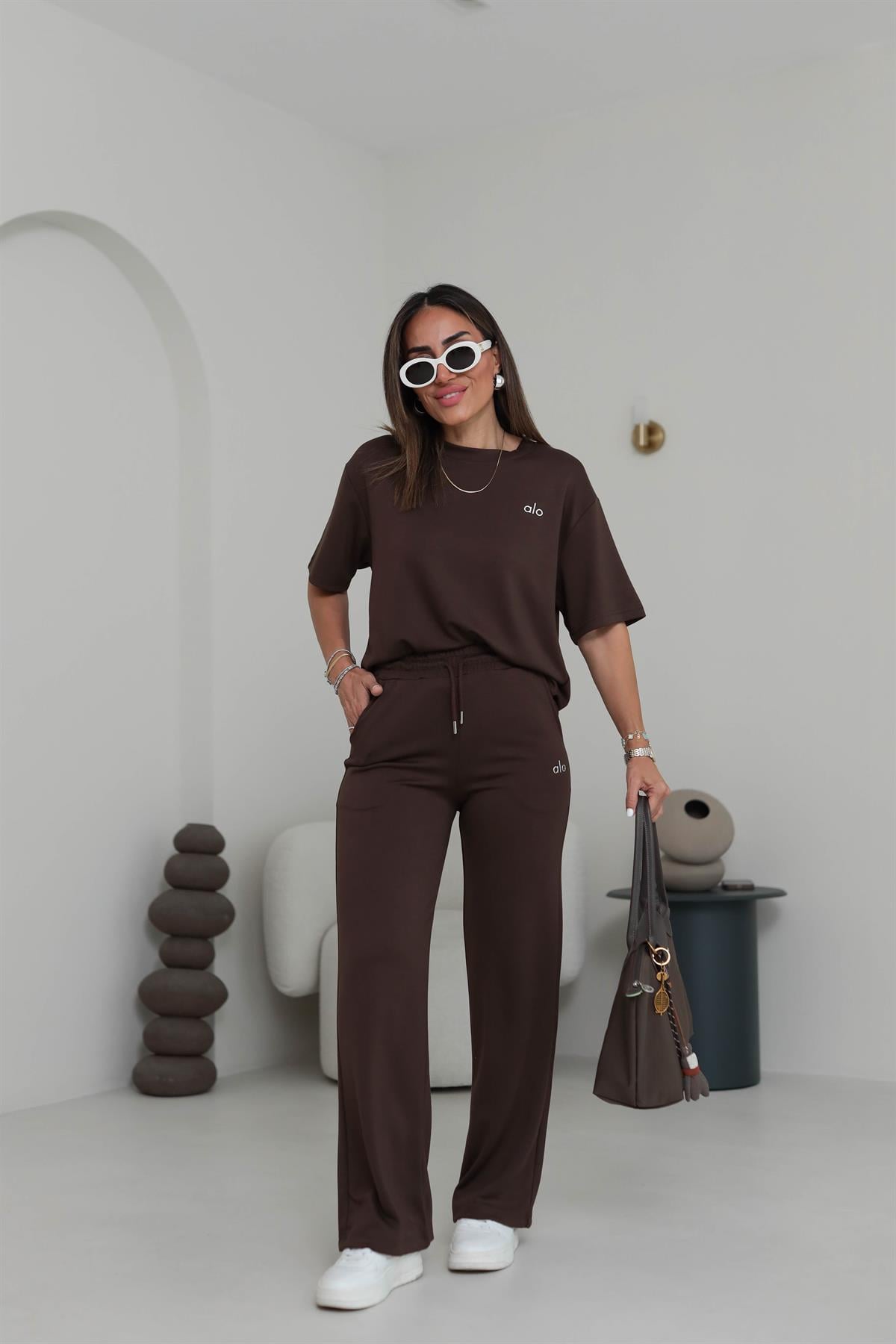 8511 Gümüş Yazı Baskılı Modal Kumaş Takım ACI KAHVE