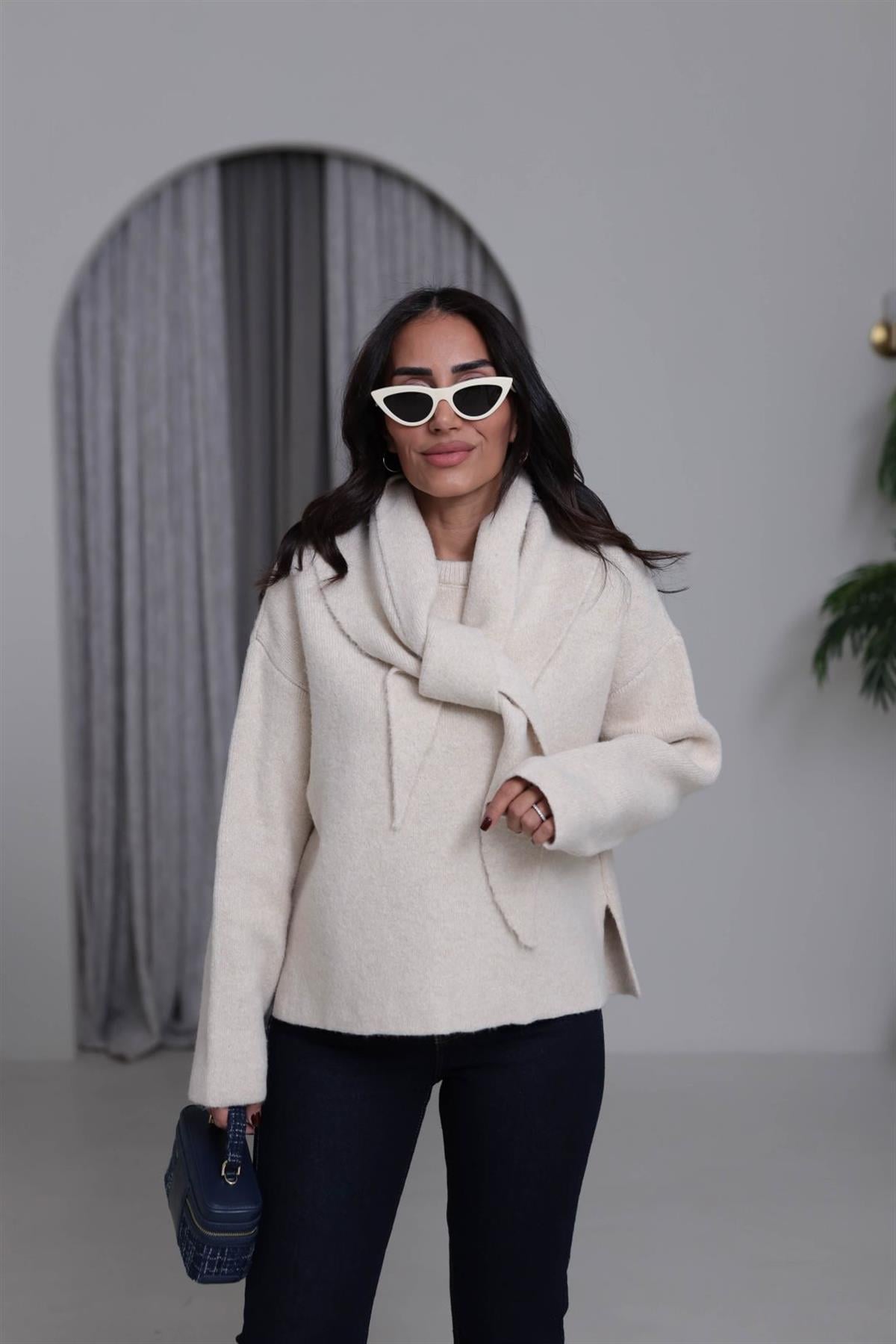 2567 Bisiklet Yaka Şal Detaylı Triko Kazak BEJ