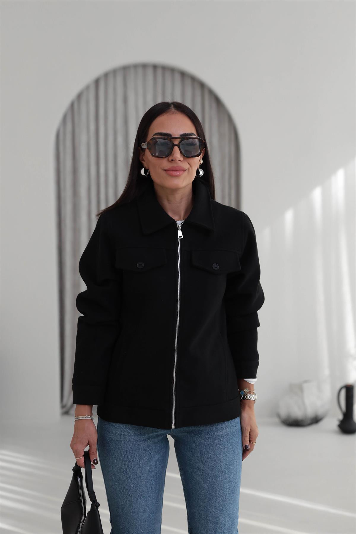 2806 Gömlek Yaka Detay Kaşe Ceket SİYAH