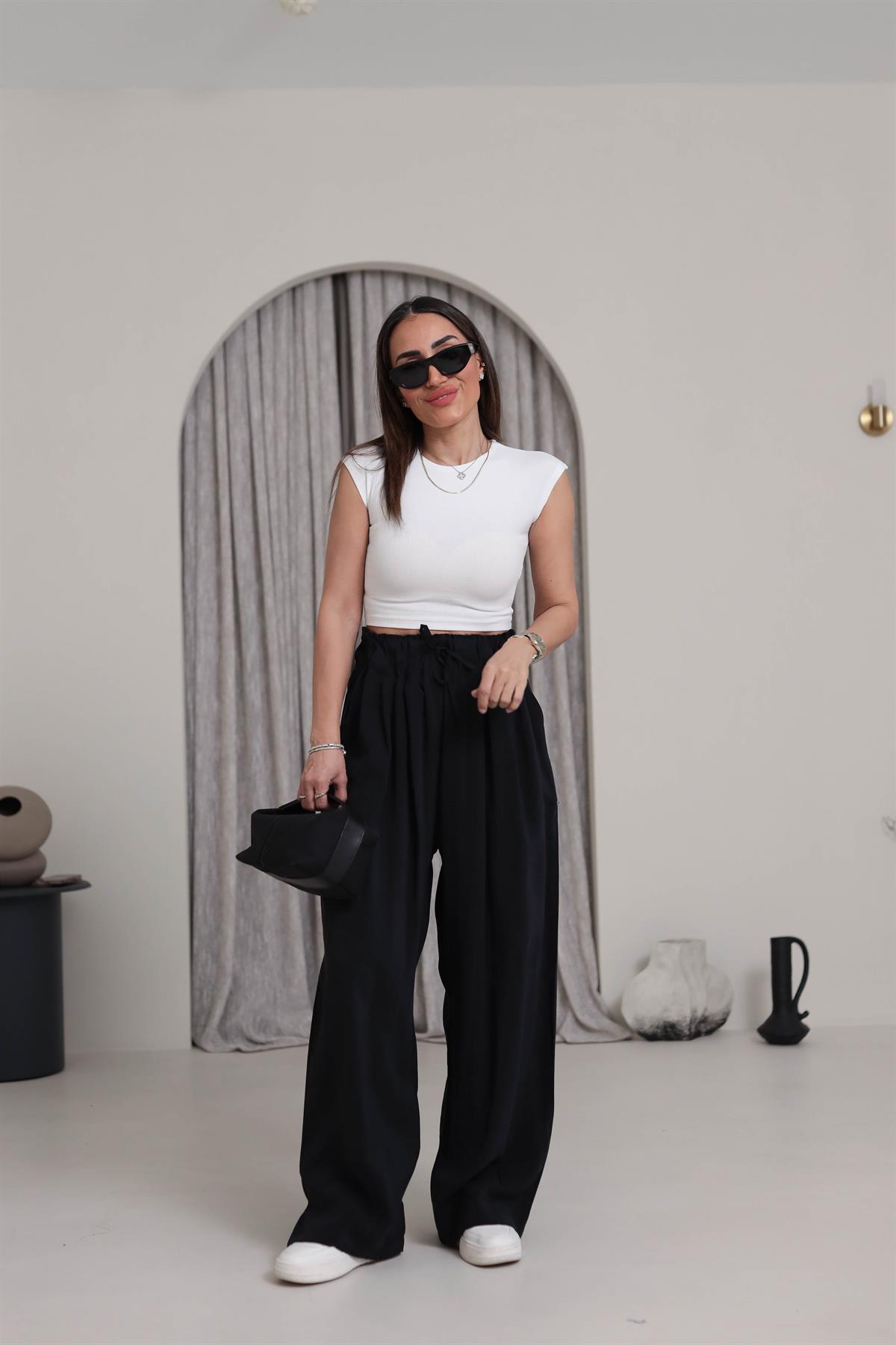 0165 Yüksek Bel Lastikli Bol Paça Tencel  Pantolon SİYAH