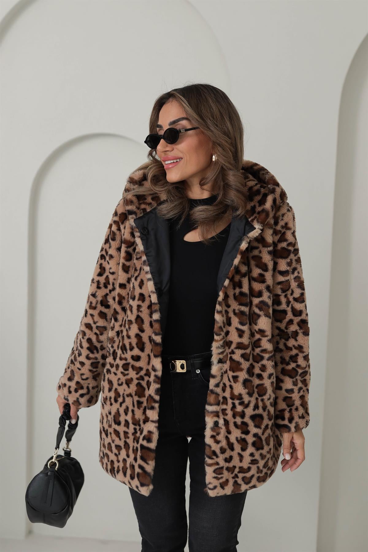 1139 Kapşonlu Kalın Kürk LEOPAR KAHVE