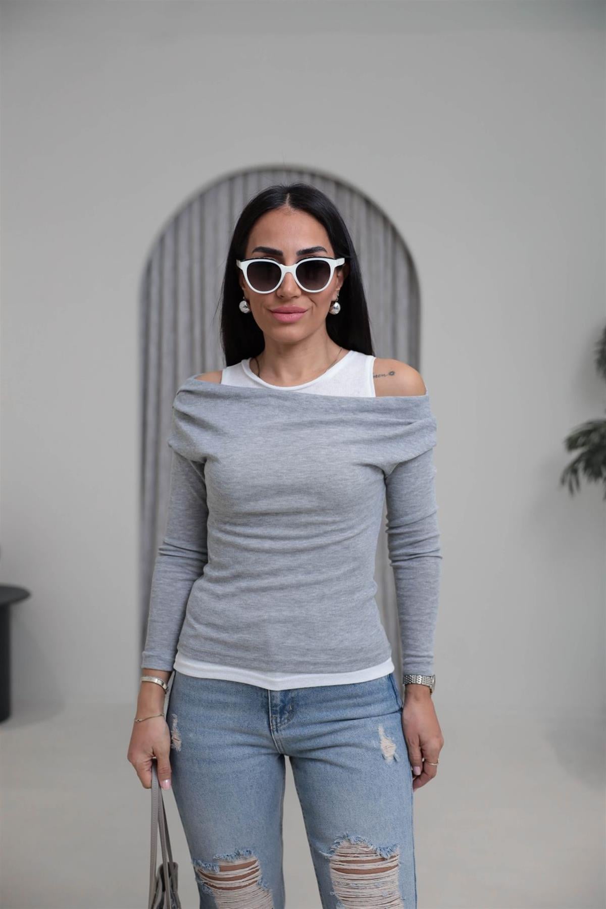 Çift Katmanlı Kayık Yaka İkili Bluz GRİ
