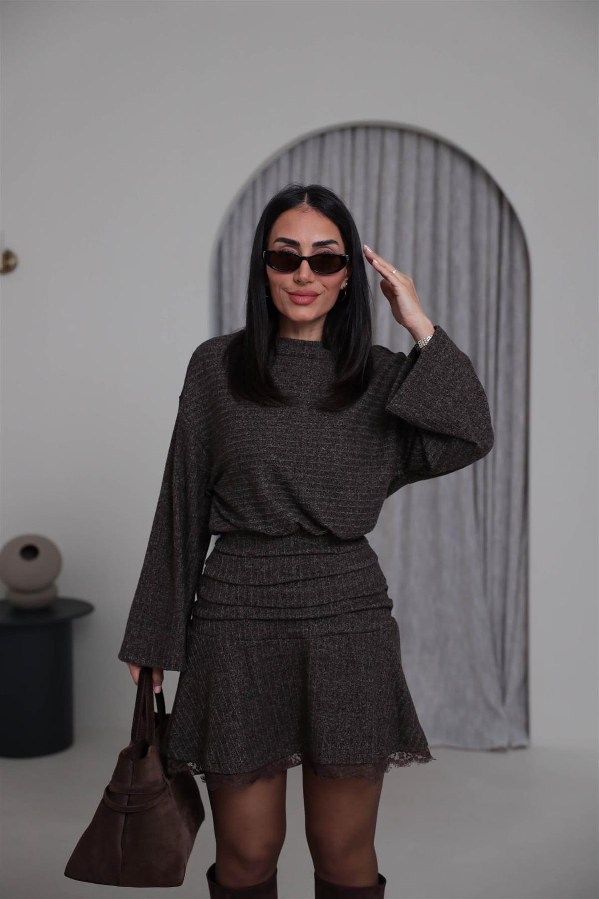 5527 Bel Drapeli Etek Ucu Dantelli Elbise KAHVE