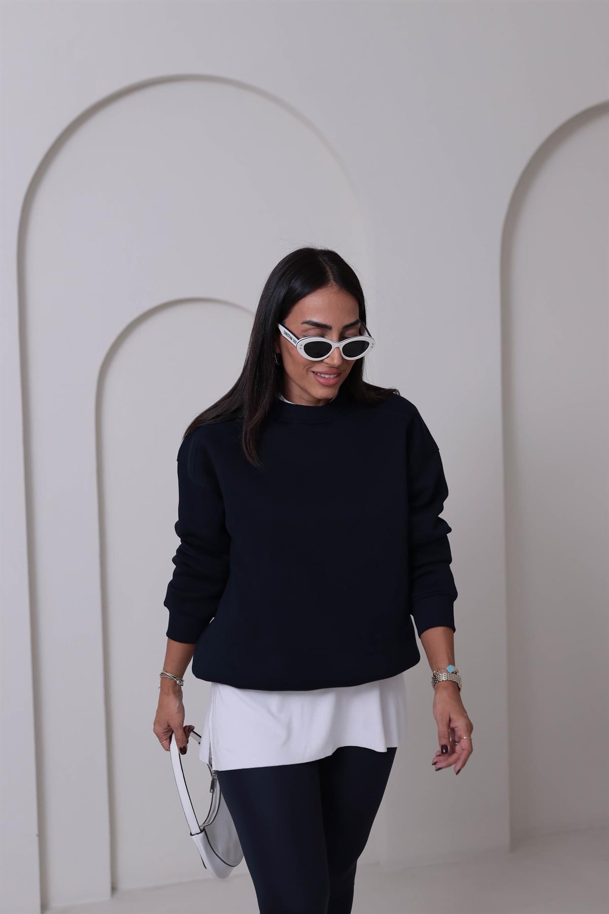 7912 Bisiklet Yaka Şardonlu Sweatshirt LACİVERT