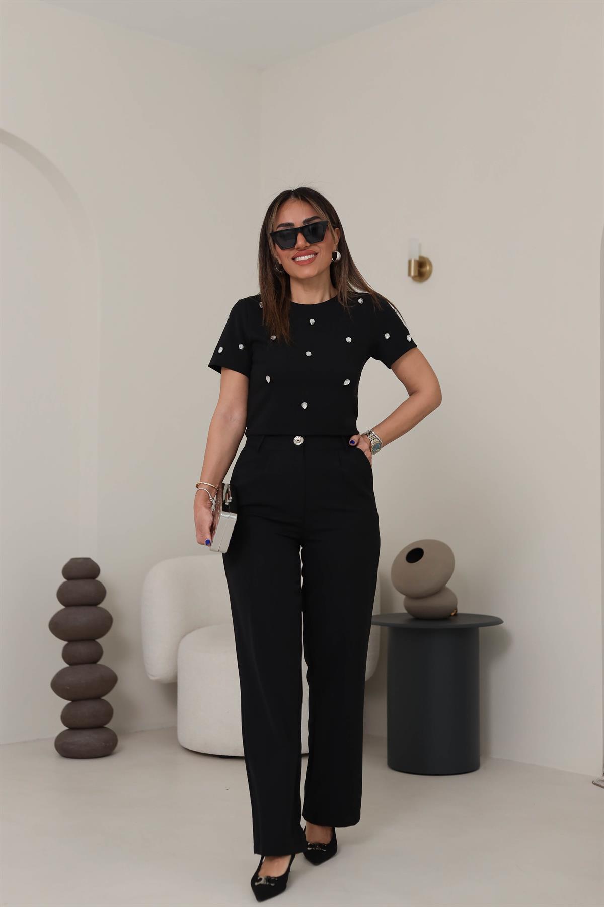 0092 Büyük Taş Detaylı Bol Pantolonlu Takım SİYAH