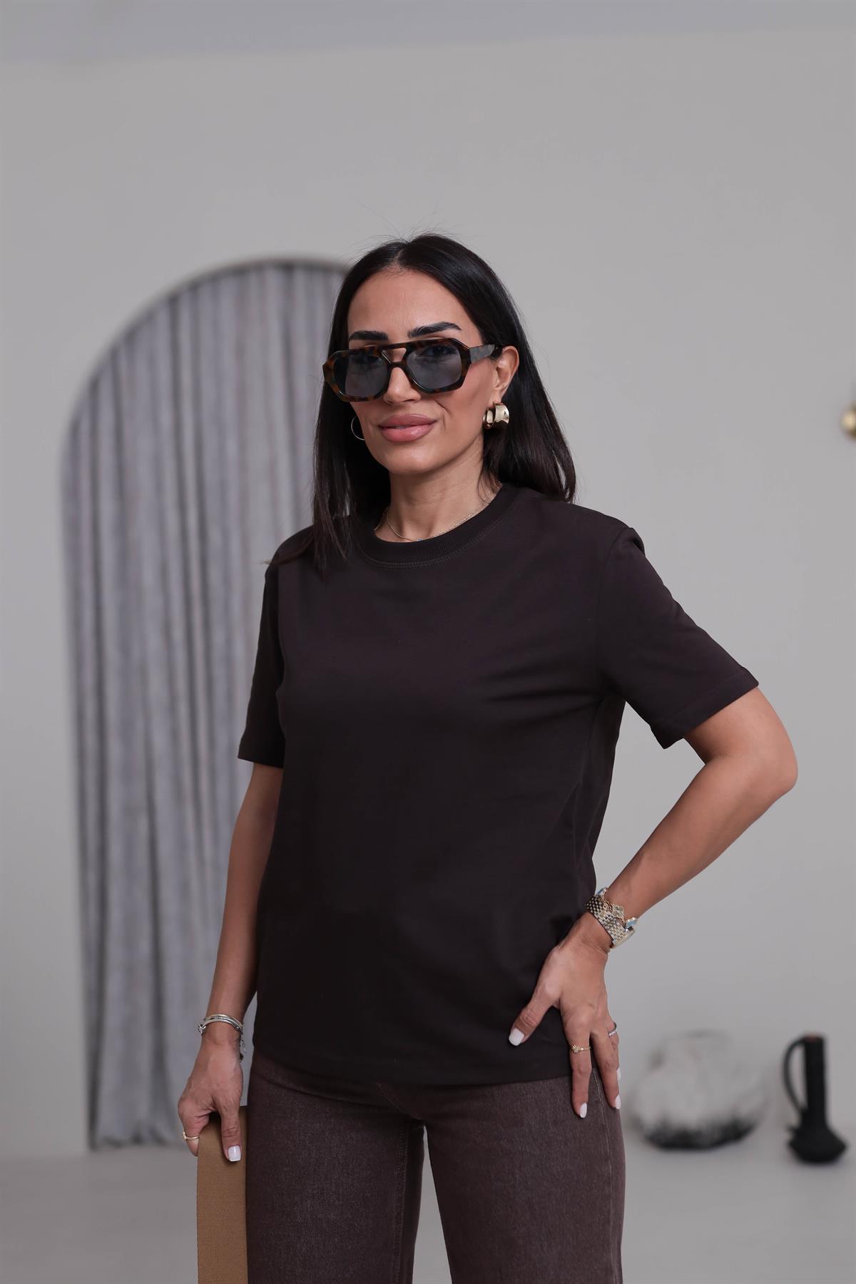 0312 Dekoratif Dikişli Pamuklu Tshirt KOYU KAHVE