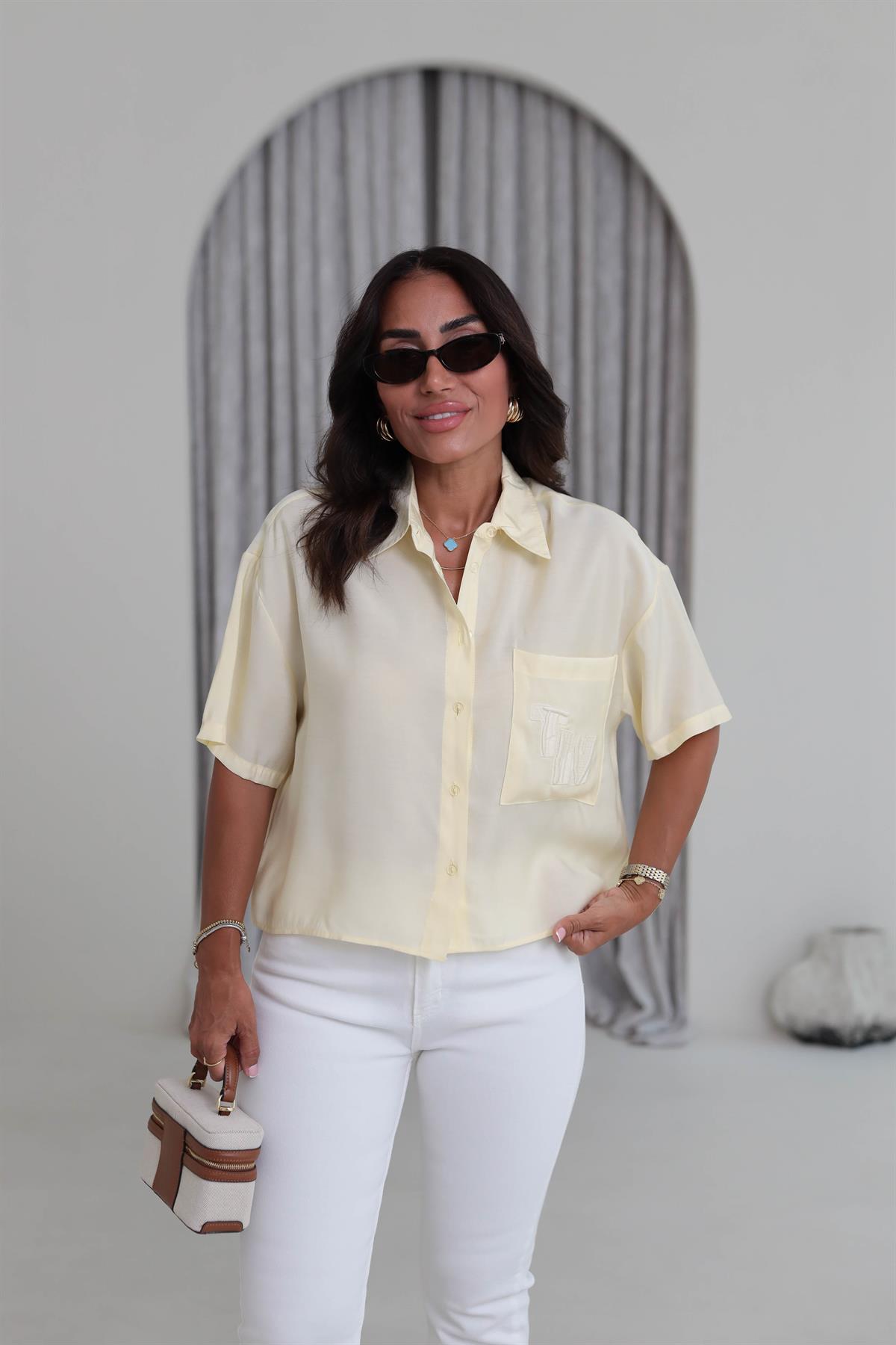 1261 Cep Nakış İşlemeli Tencel Kısa Kol Gömlek SARI