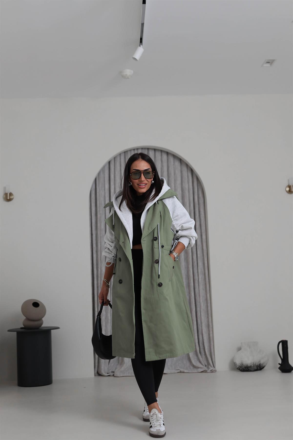 0534 Kolları Kalın Penye Garnili Trençkot HAKİ YEŞİL