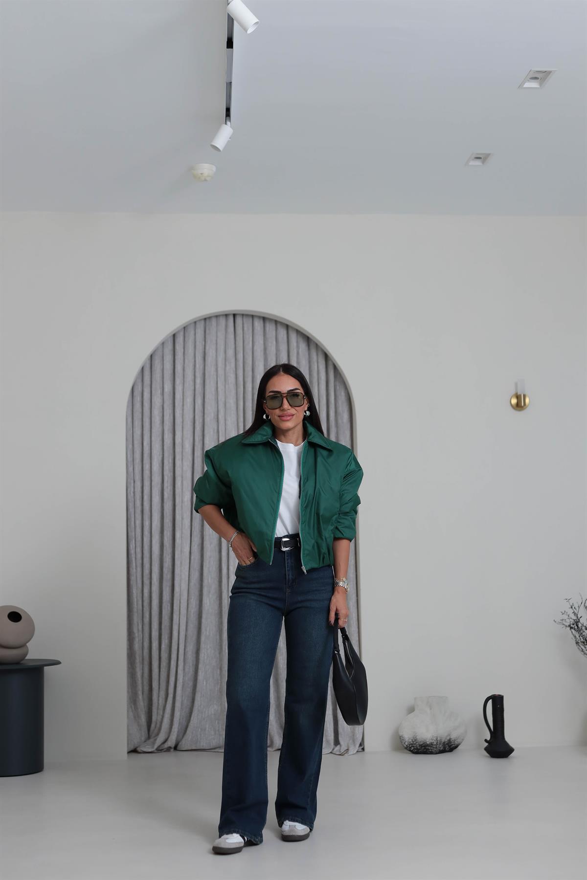 5871 Önden Fermuarlı İçi Kapitone İnce Mont KOYU YEŞİL