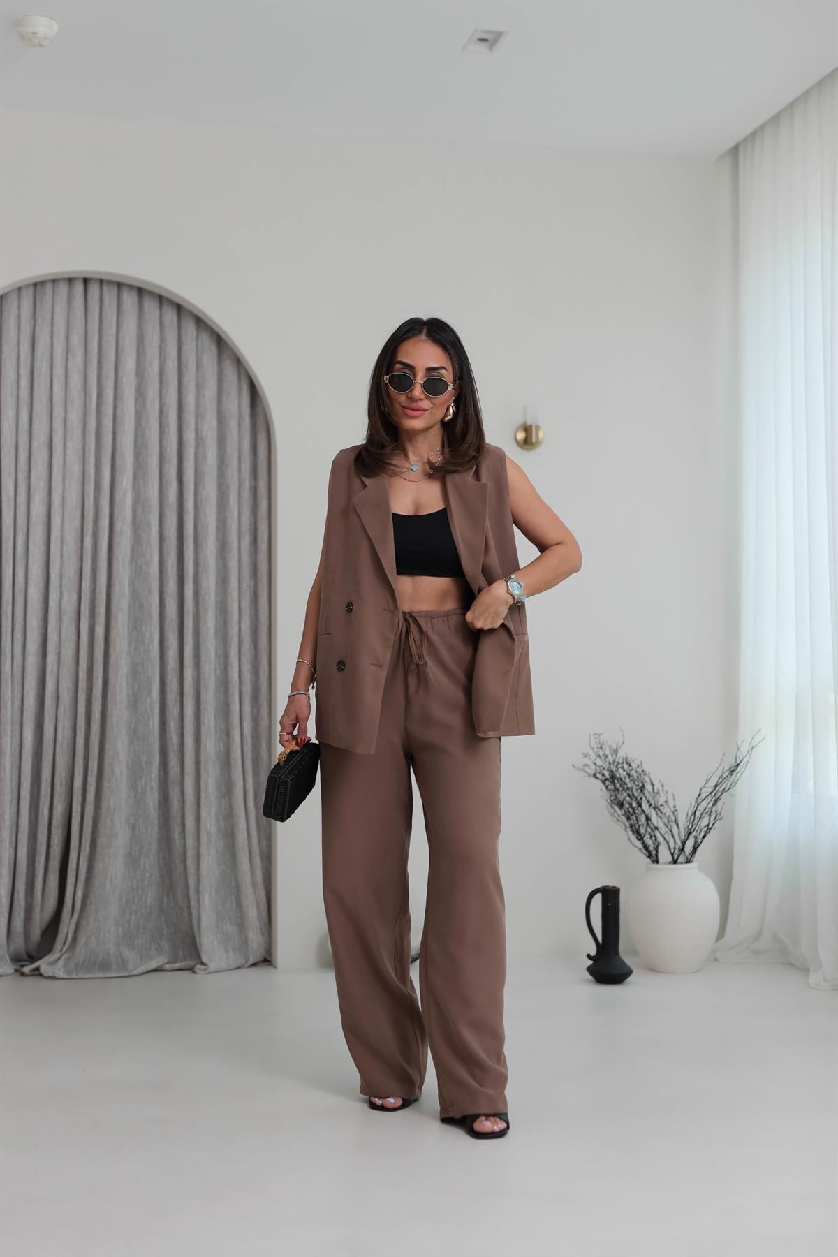 0382 Kruvaze Yaka Yelek Pantolon Tencel Takım KAHVE