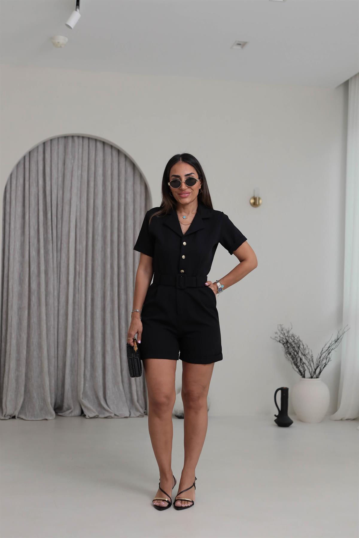 046 V Yaka Kemerli Şort Tulum SİYAH