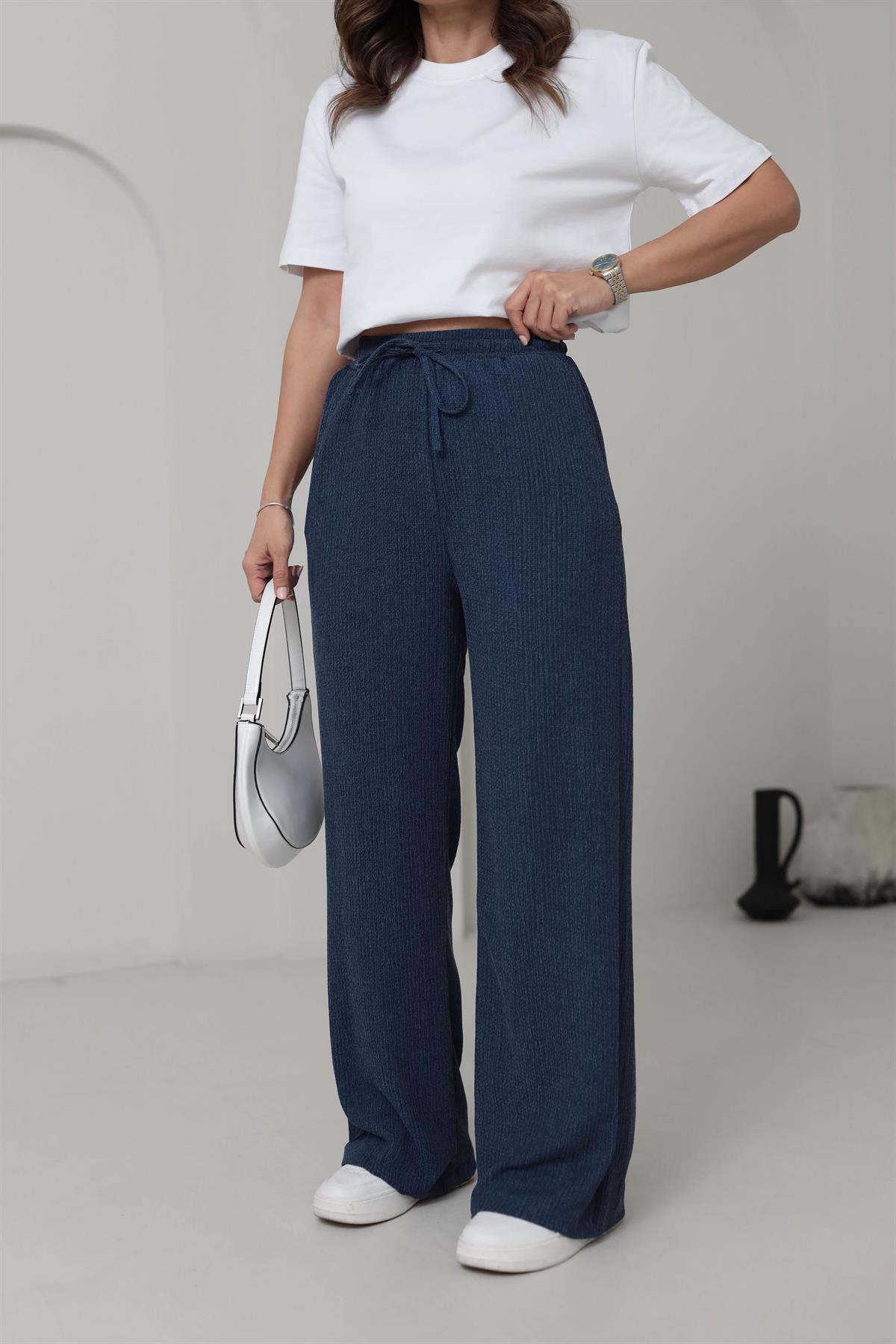 6525 Beli Lastikli Bürümcük Kumaş Rahat Pantolon LACİVERT