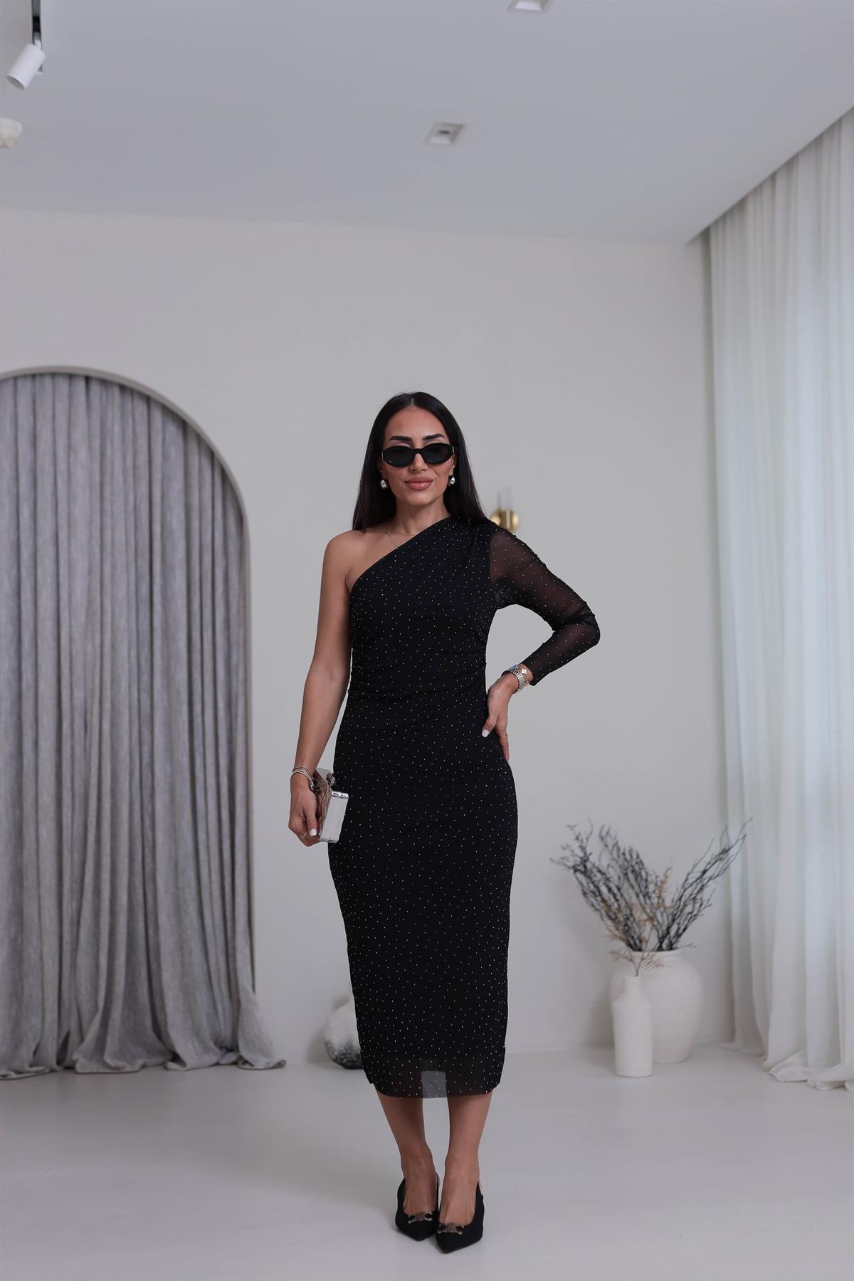 3722 Tek Omuz Detaylı Drapeli Taşlı Tül Elbise SİYAH