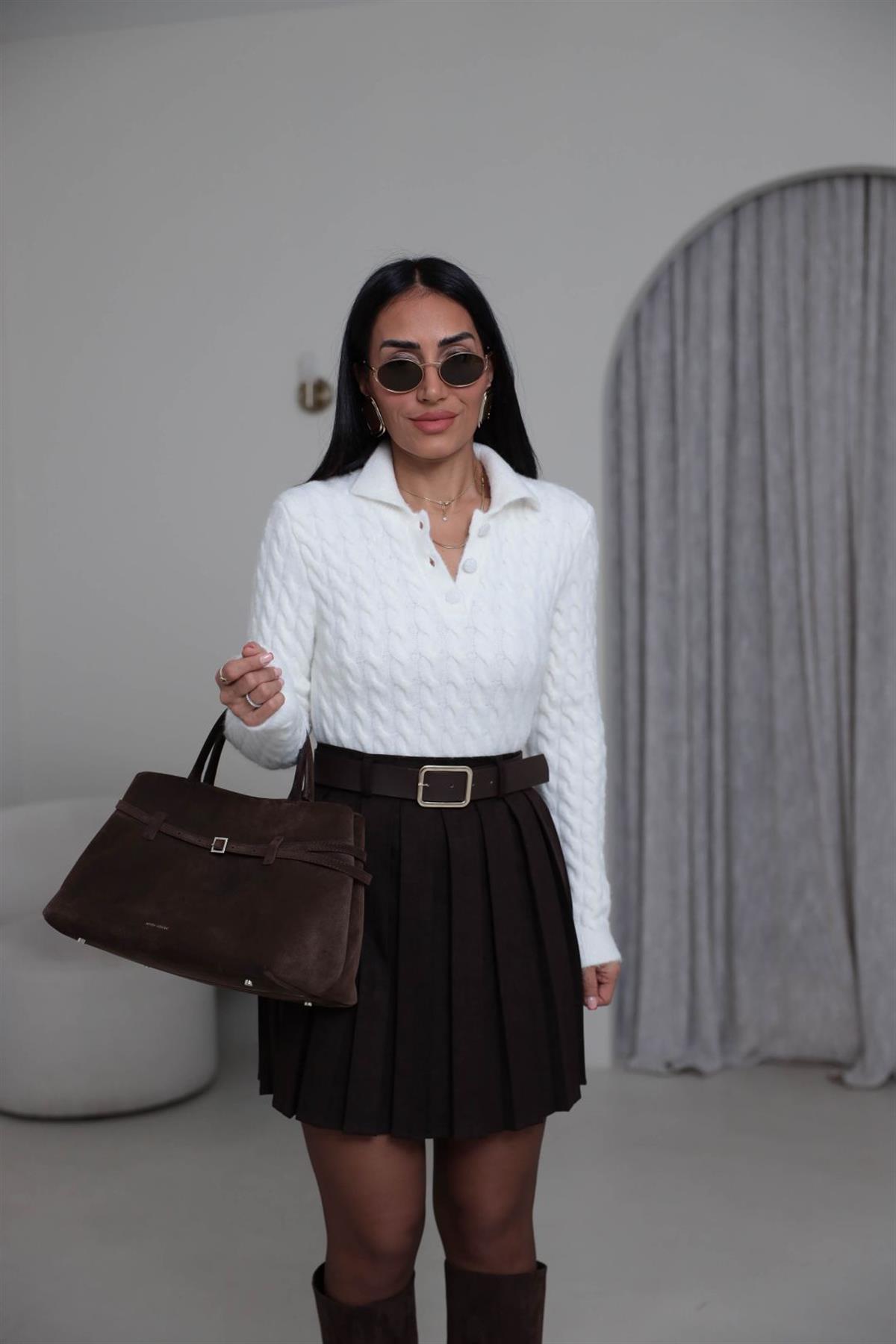 4984 Polo Yaka Örgülü Yarım Düğmeli Kazak EKRU