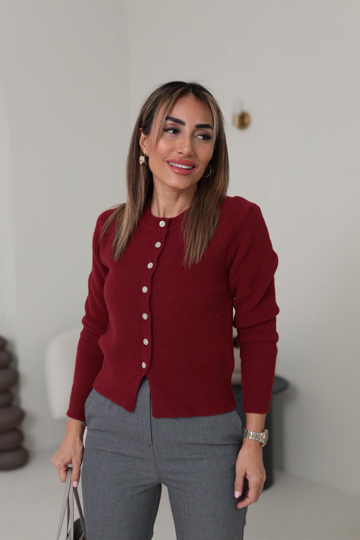 2436 Bisiklet Yaka Taş Düğmeli Yumoş Hırka BORDO